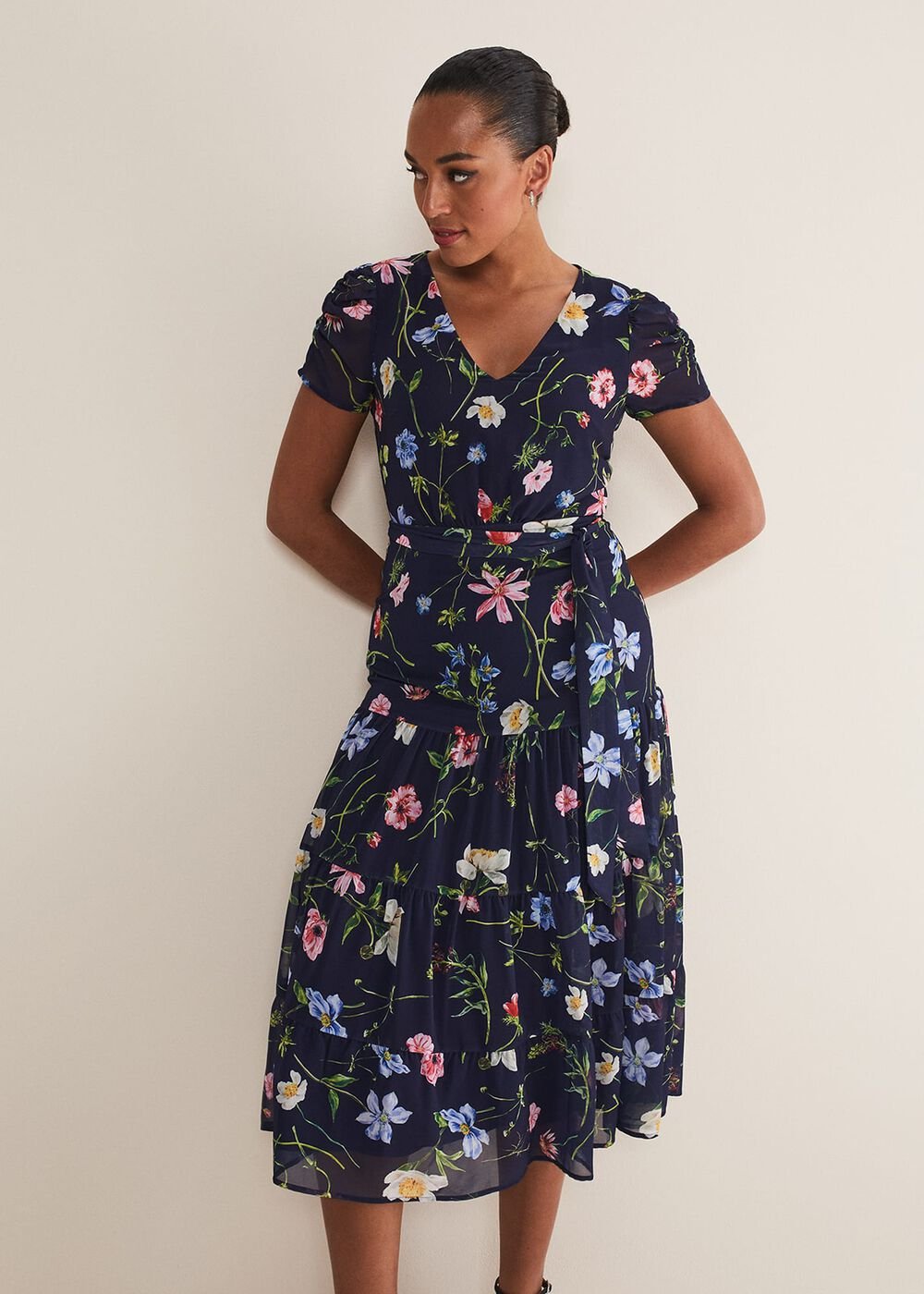 Lola Floral Tiered Midi Dress - Navy/Multi