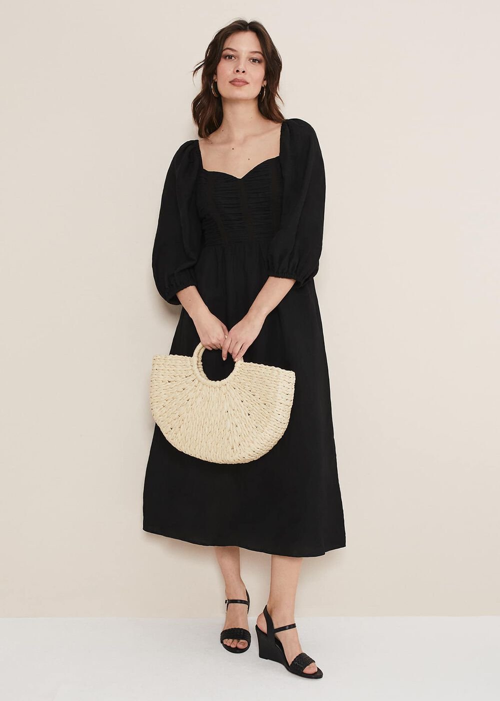 Shola Linen Ruched Bodice Dress - Black