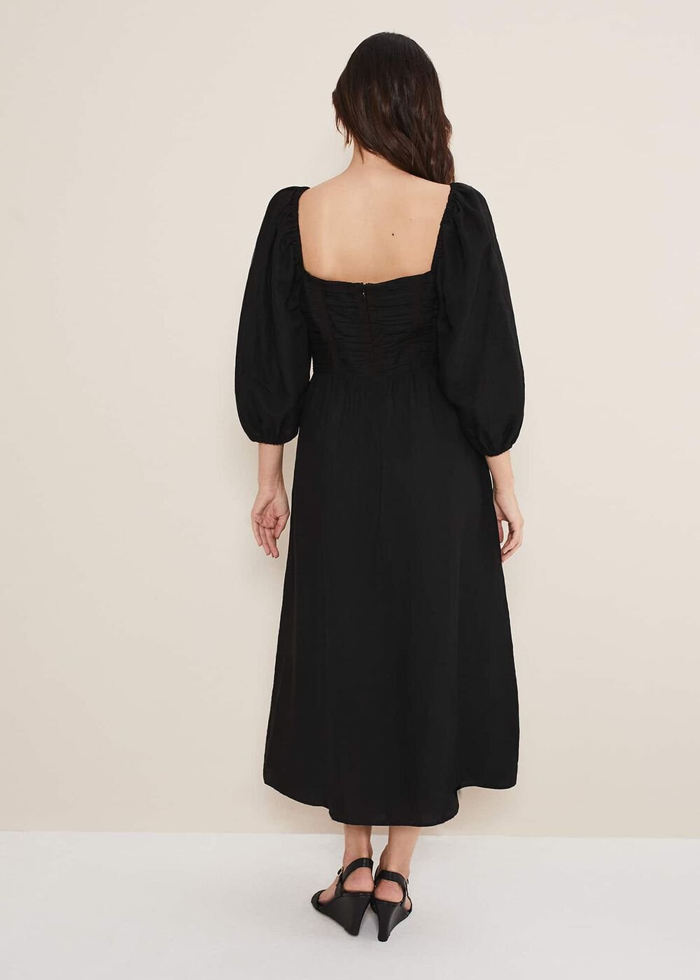 Shola Linen Ruched Bodice Dress - Black