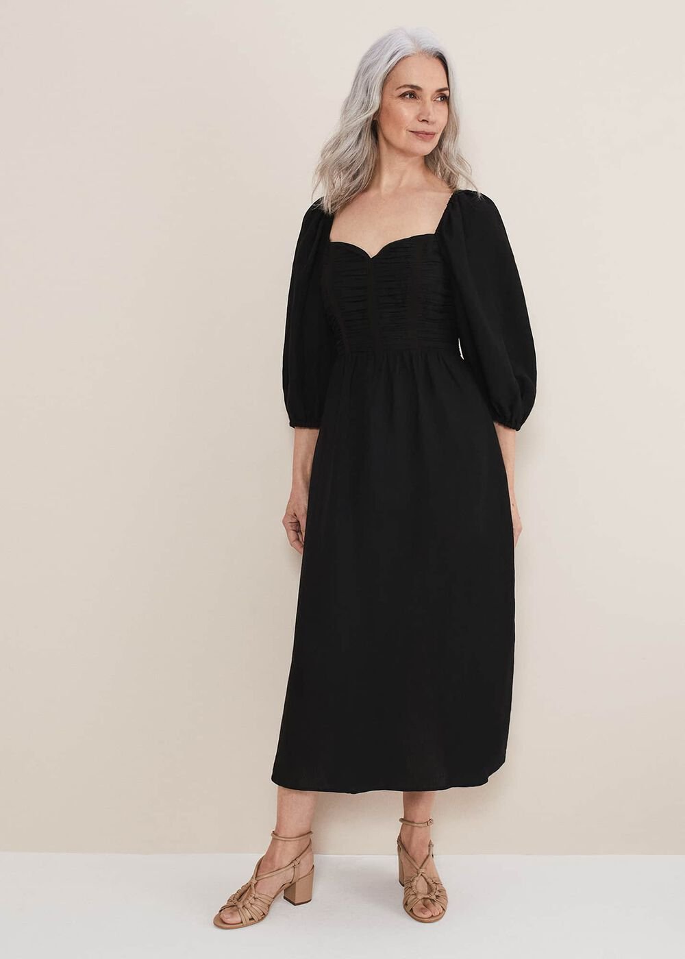 Shola Linen Ruched Bodice Dress - Black