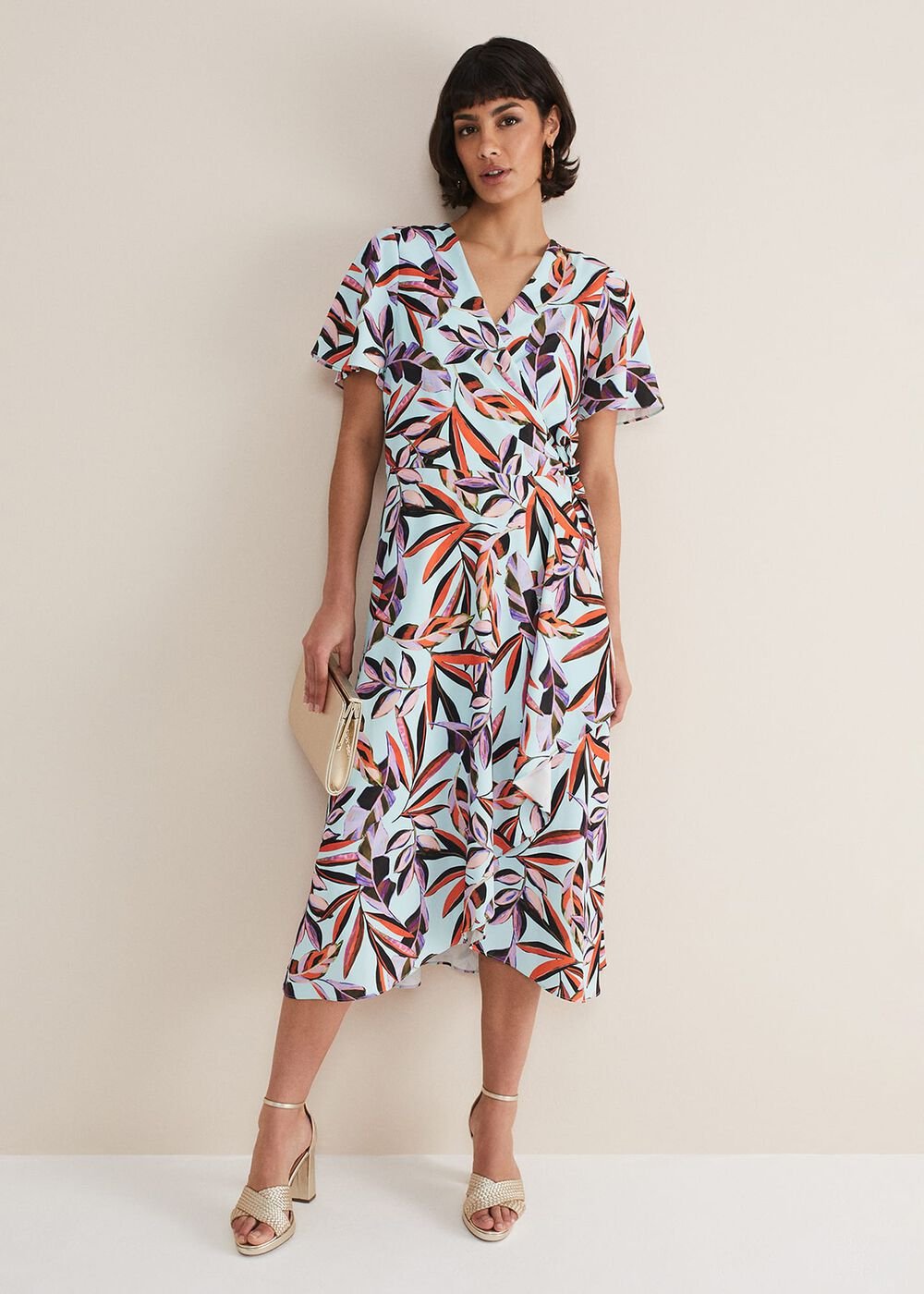 Julissa Ruffle Wrap Midi Dress - Aqua/Multi