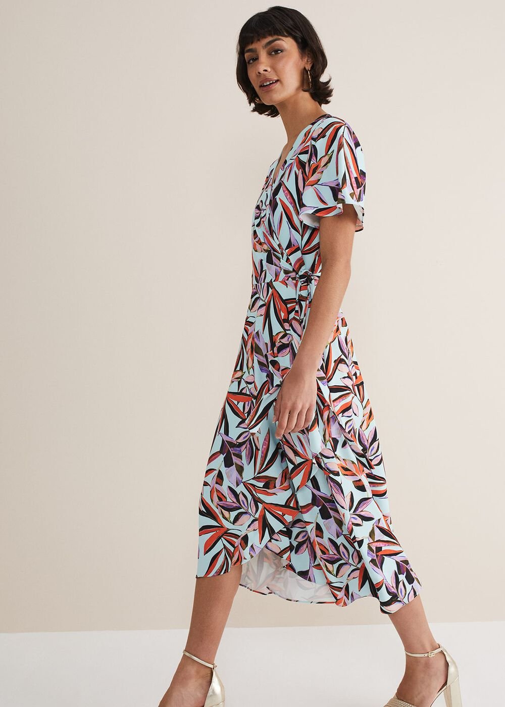 Julissa Ruffle Wrap Midi Dress - Aqua/Multi