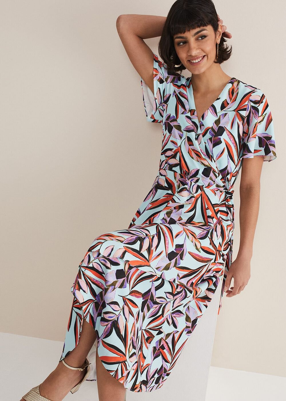 Julissa Ruffle Wrap Midi Dress - Aqua/Multi