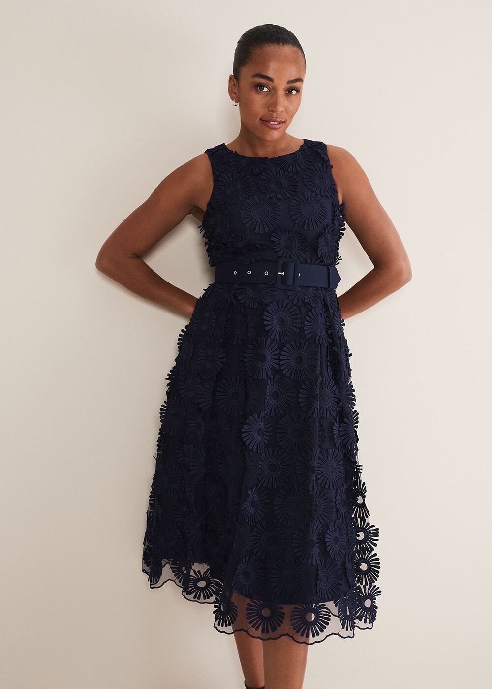 Flossy Lace Midi Dress - Navy