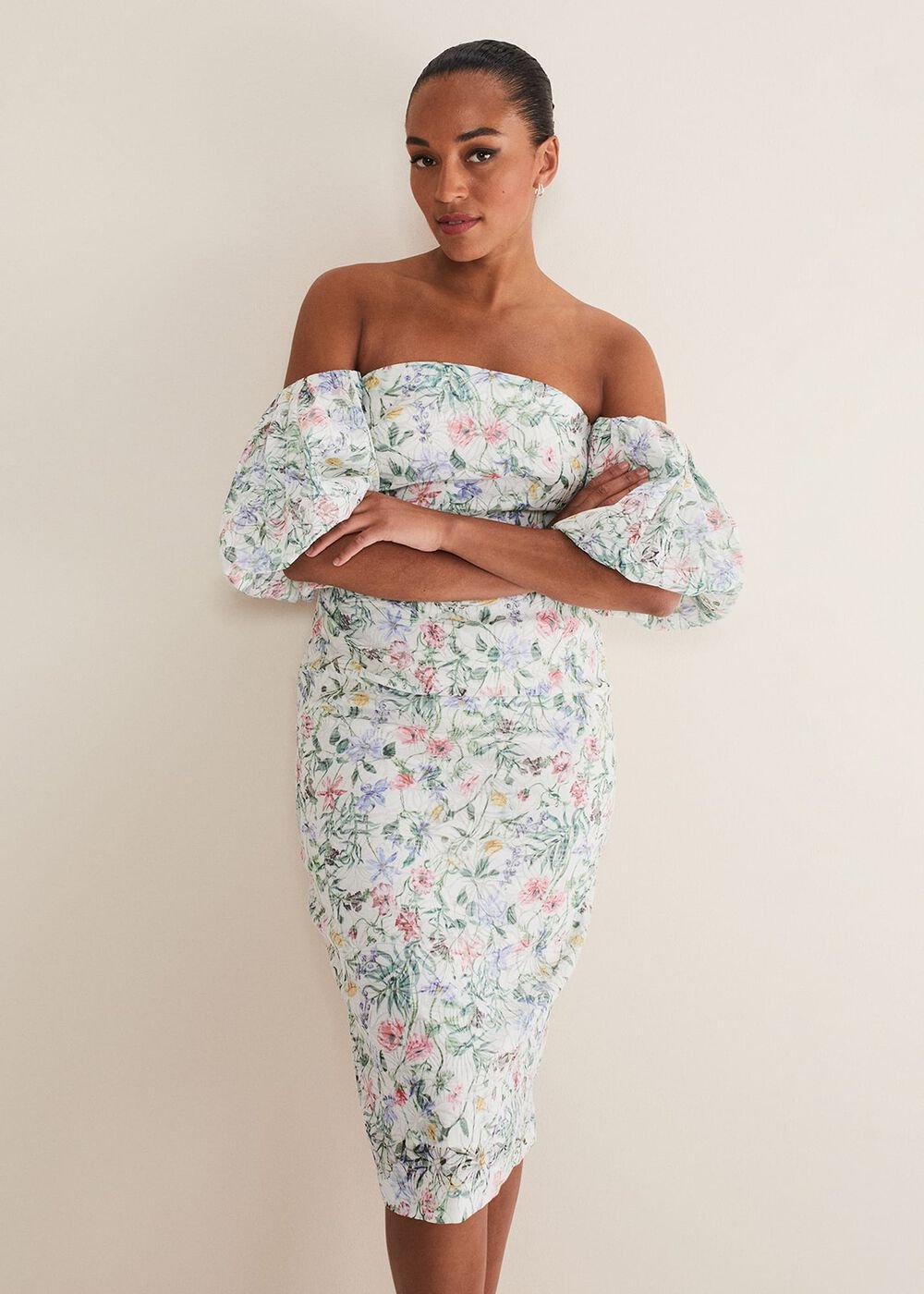 Stevie Floral Bodycon Midi Dress - Ivory/Multi