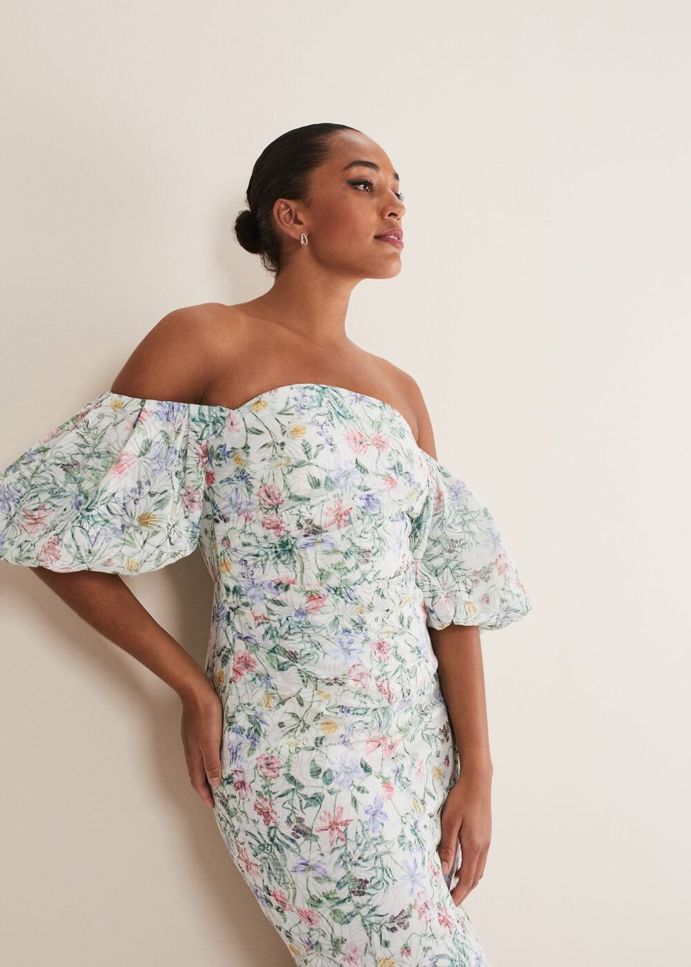 Stevie Floral Bodycon Midi Dress - Ivory/Multi