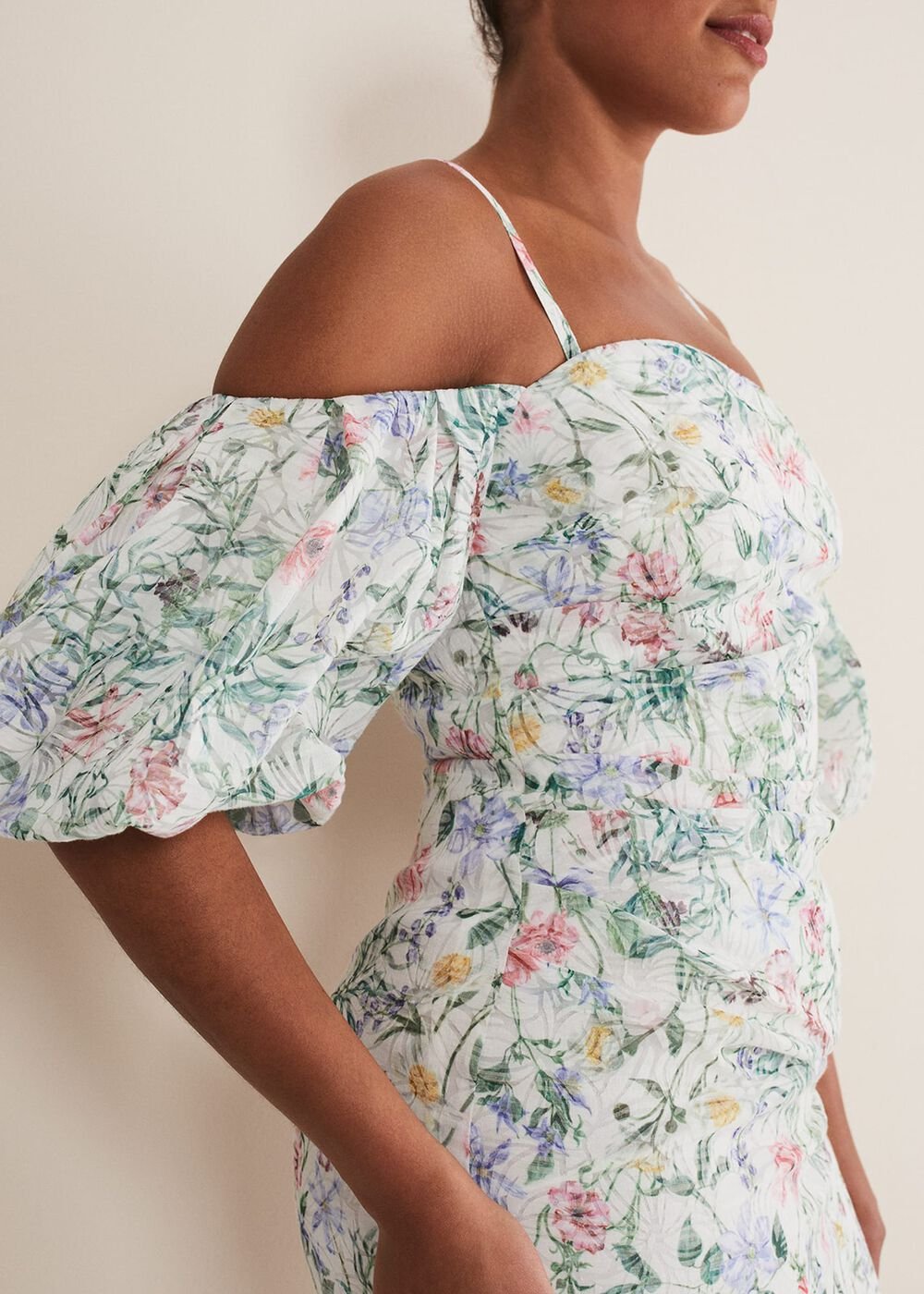 Stevie Floral Bodycon Midi Dress - Ivory/Multi