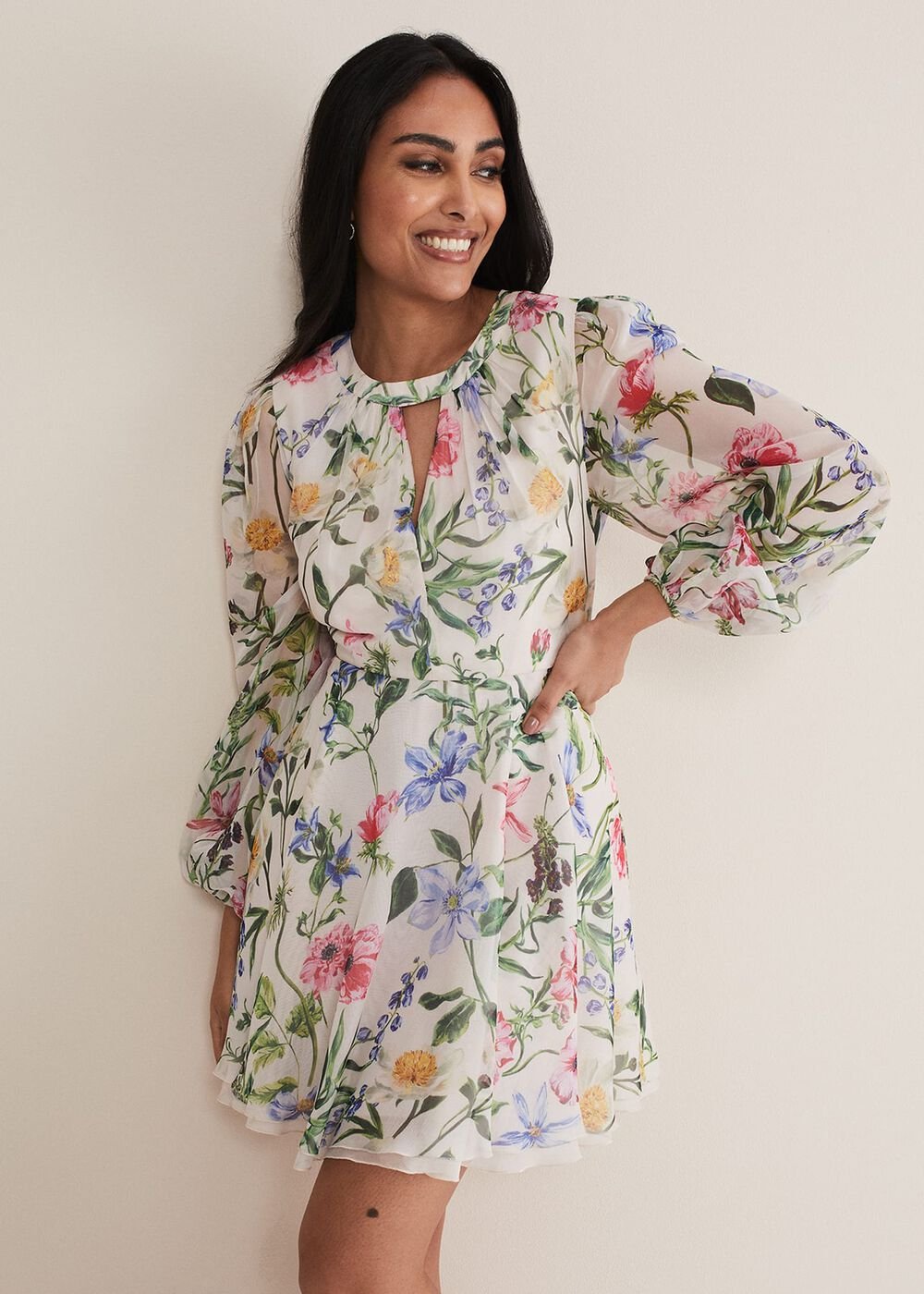 Petite Everleigh Chiffon Floral Mini Dress - Ivory/Multi