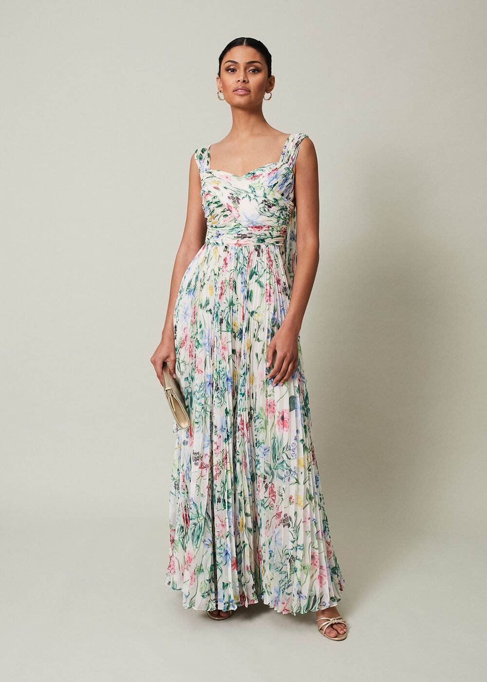 Gretel Floral Pleated Maxi Dress - Ivory/Multi