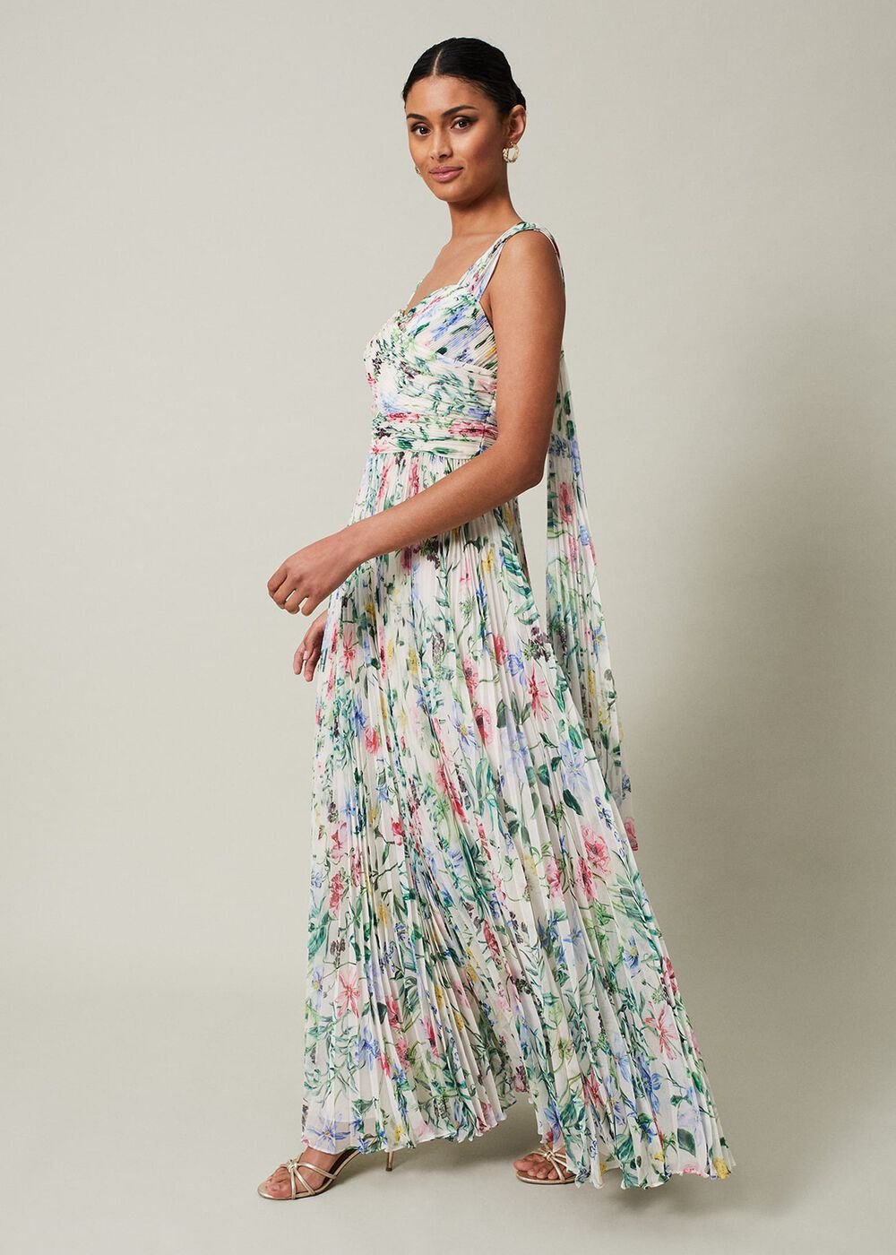 Gretel Floral Pleated Maxi Dress - Ivory/Multi