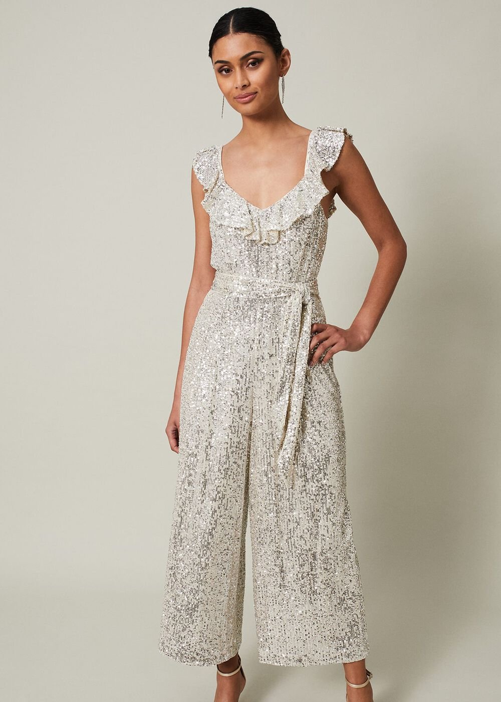 Tazanna Sequin Wide Leg Jumpsuit - Silver
