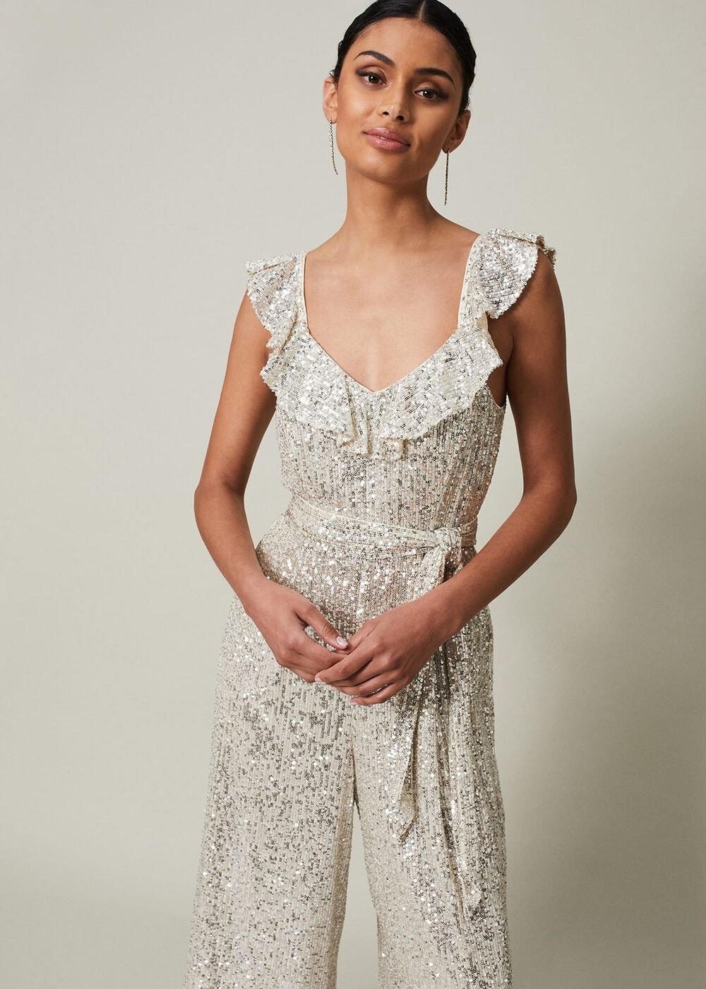 Tazanna Sequin Wide Leg Jumpsuit - Silver