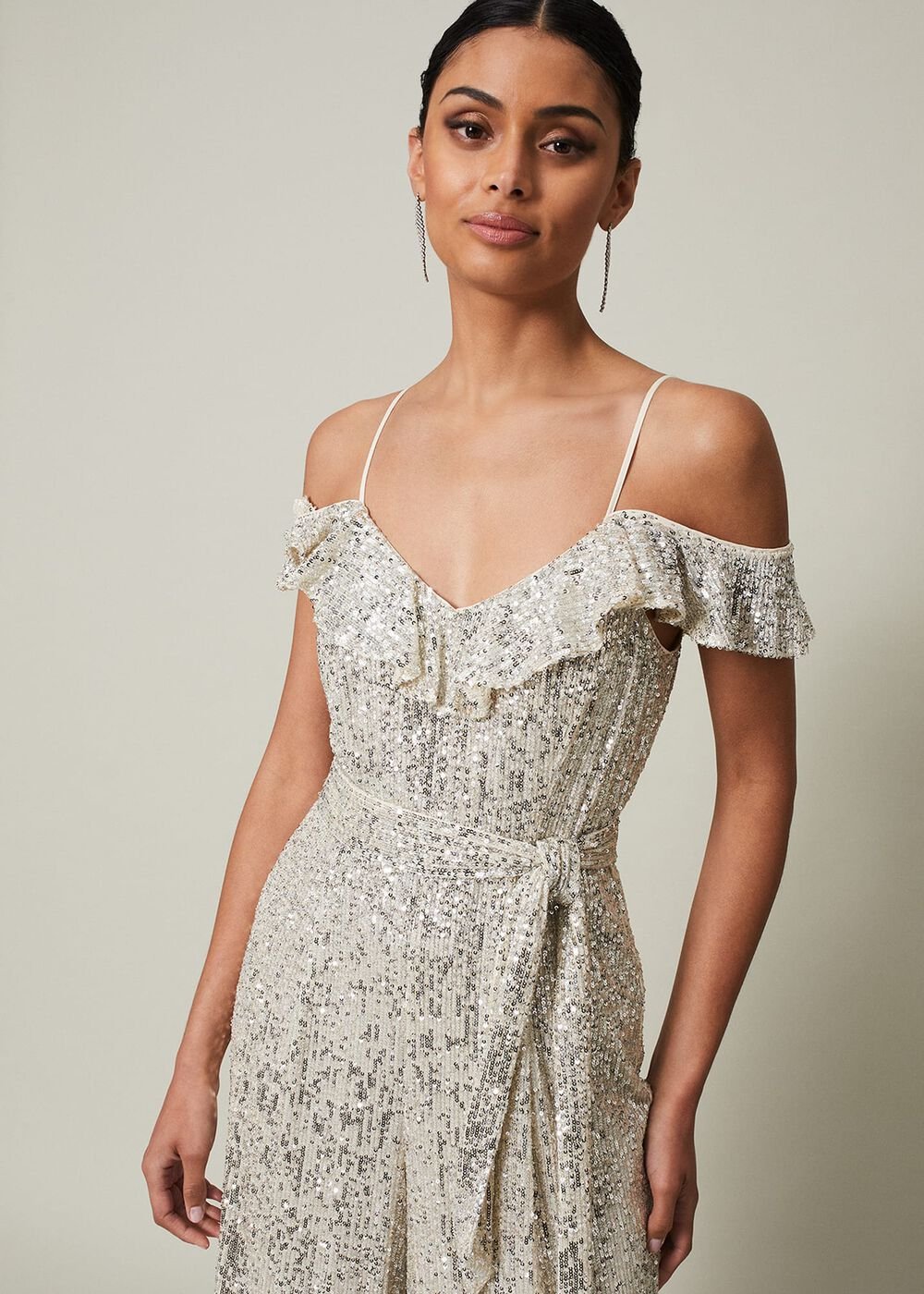 Tazanna Sequin Wide Leg Jumpsuit - Silver