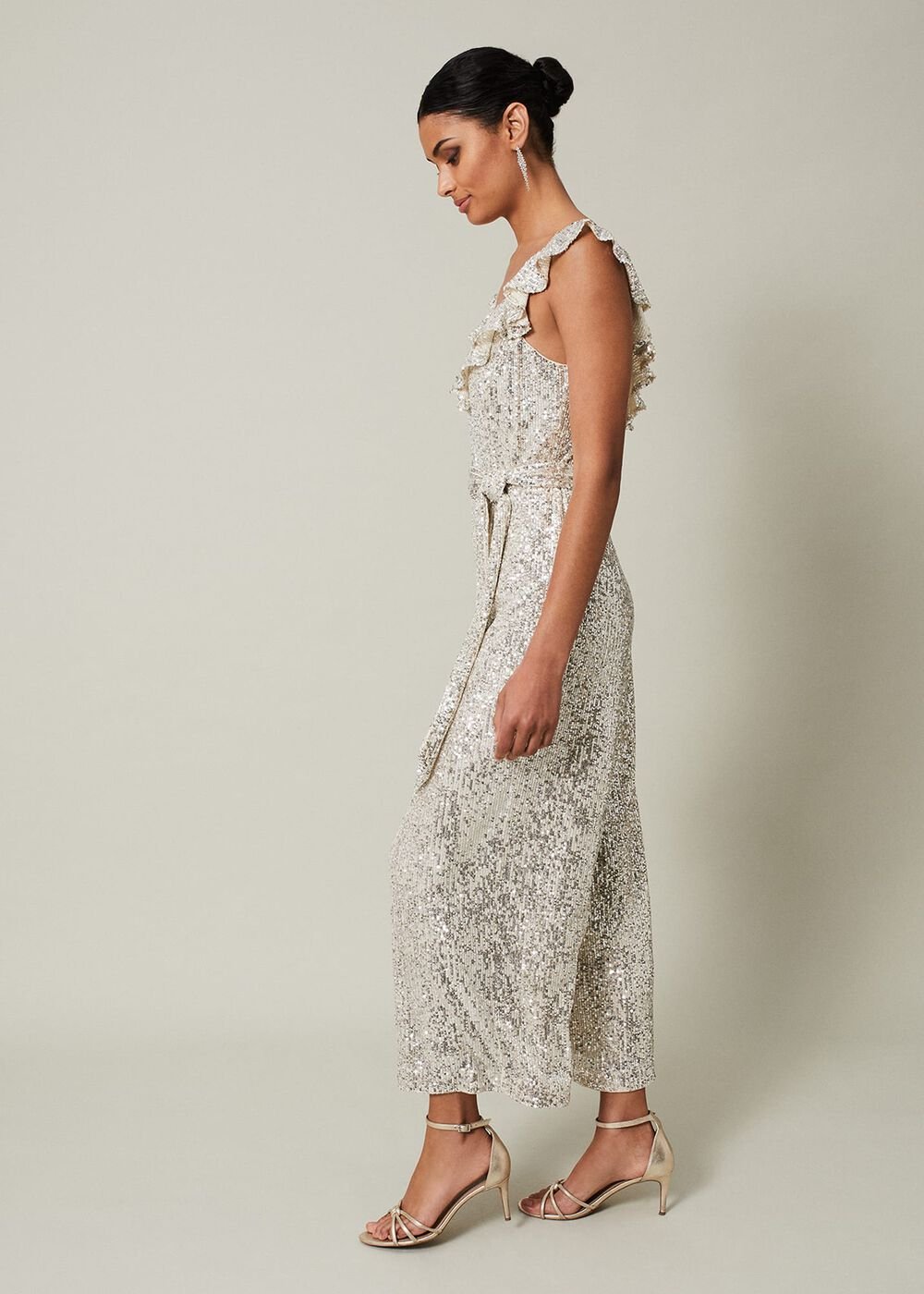 Tazanna Sequin Wide Leg Jumpsuit - Silver