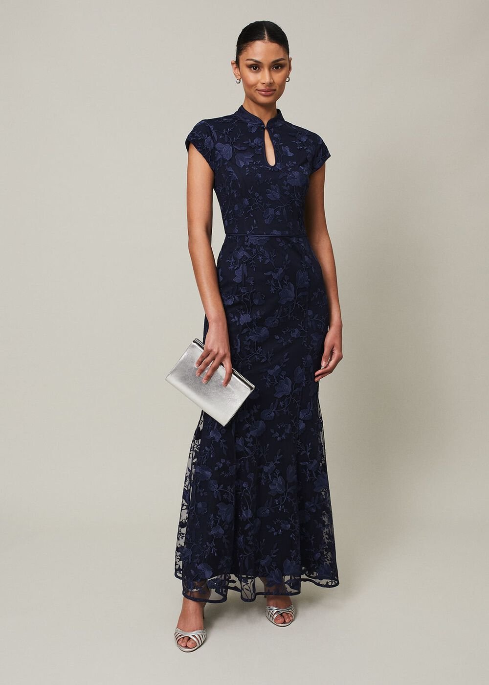 Navy Bodycon Maxi Dress with Embroidered Floral Pattern - Navy