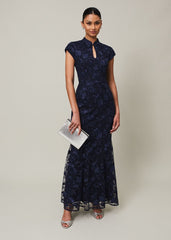 Navy Bodycon Maxi Dress with Embroidered Floral Pattern - Navy