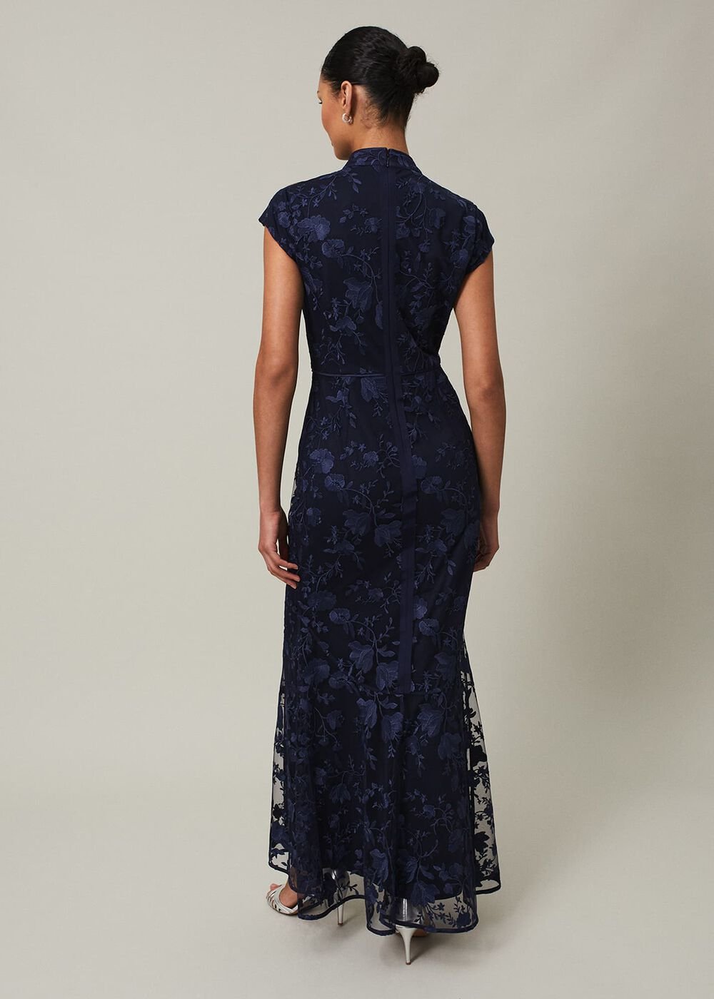 Navy Bodycon Maxi Dress with Embroidered Floral Pattern - Navy