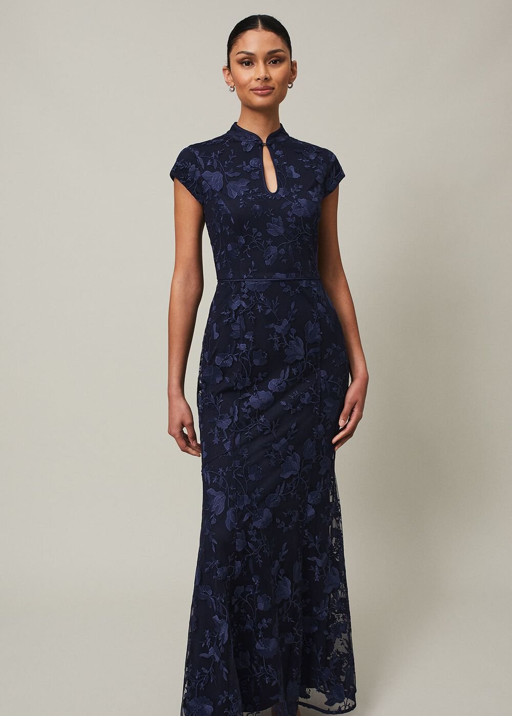 Navy Bodycon Maxi Dress with Embroidered Floral Pattern - Navy