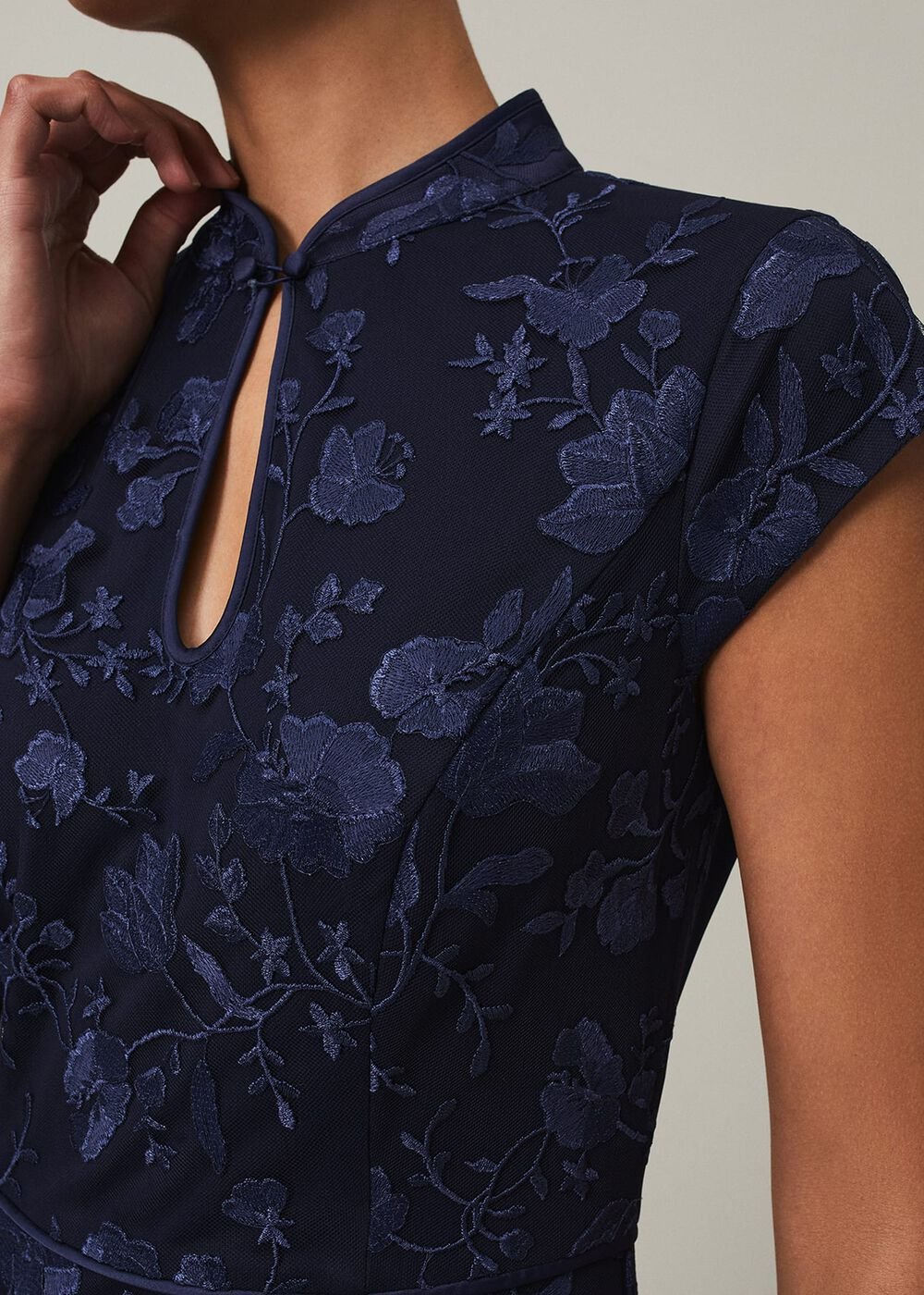 Navy Bodycon Maxi Dress with Embroidered Floral Pattern - Navy