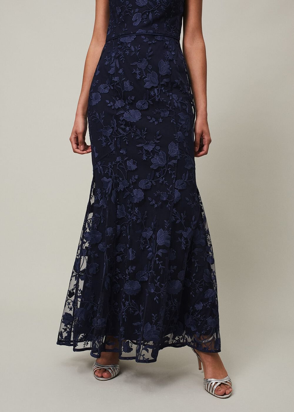 Navy Bodycon Maxi Dress with Embroidered Floral Pattern - Navy