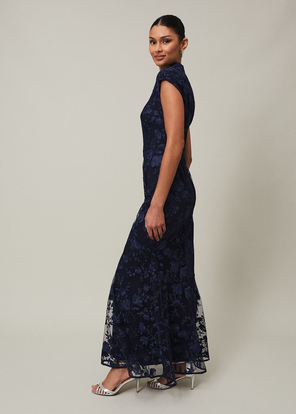 Navy Bodycon Maxi Dress with Embroidered Floral Pattern - Navy