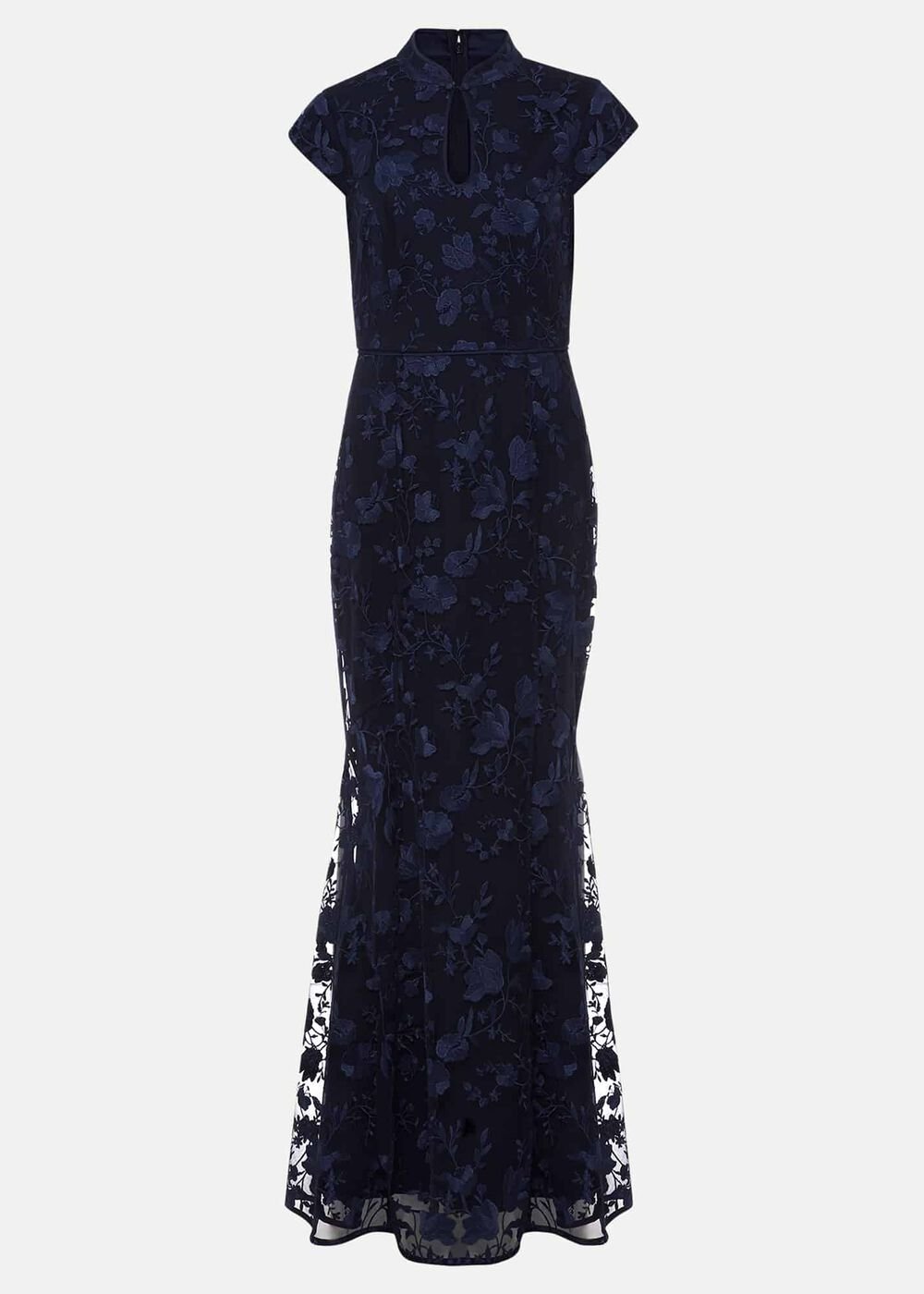 Navy Bodycon Maxi Dress with Embroidered Floral Pattern - Navy