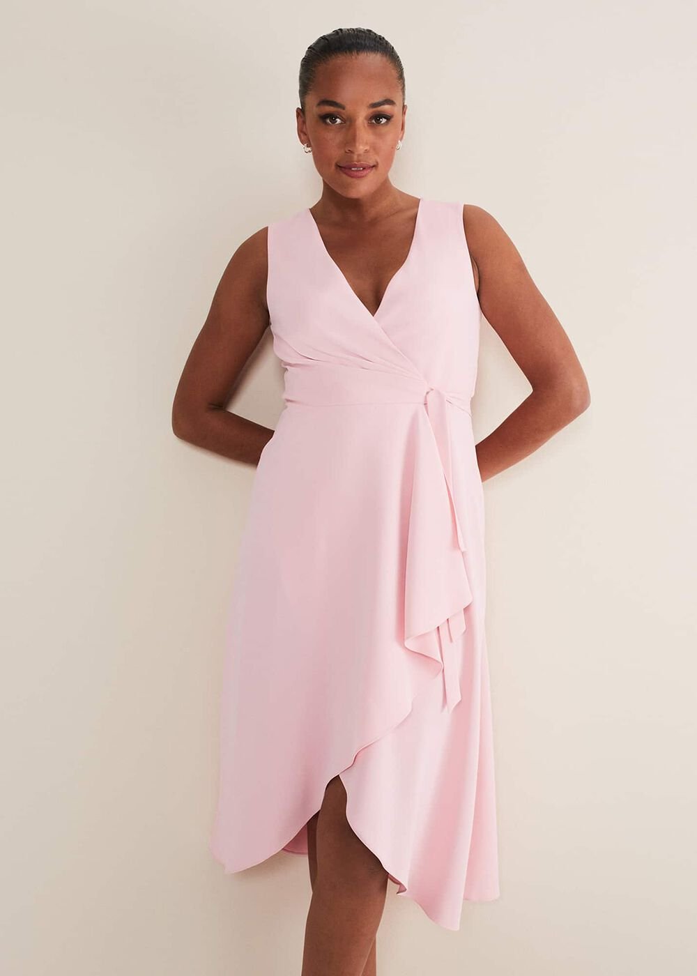 Julissa Sleeveless Ruffle Wrap Midi Dress - Soft Pink