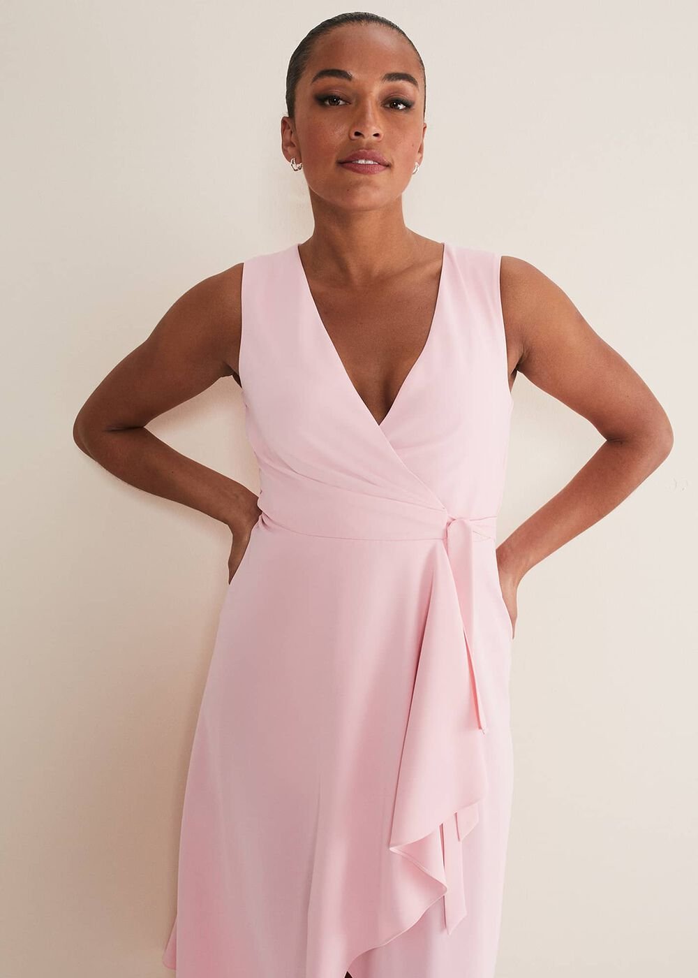 Julissa Sleeveless Ruffle Wrap Midi Dress - Soft Pink