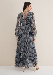 Roxanna Pleated Diamond Maxi Dress - Navy/Ivory