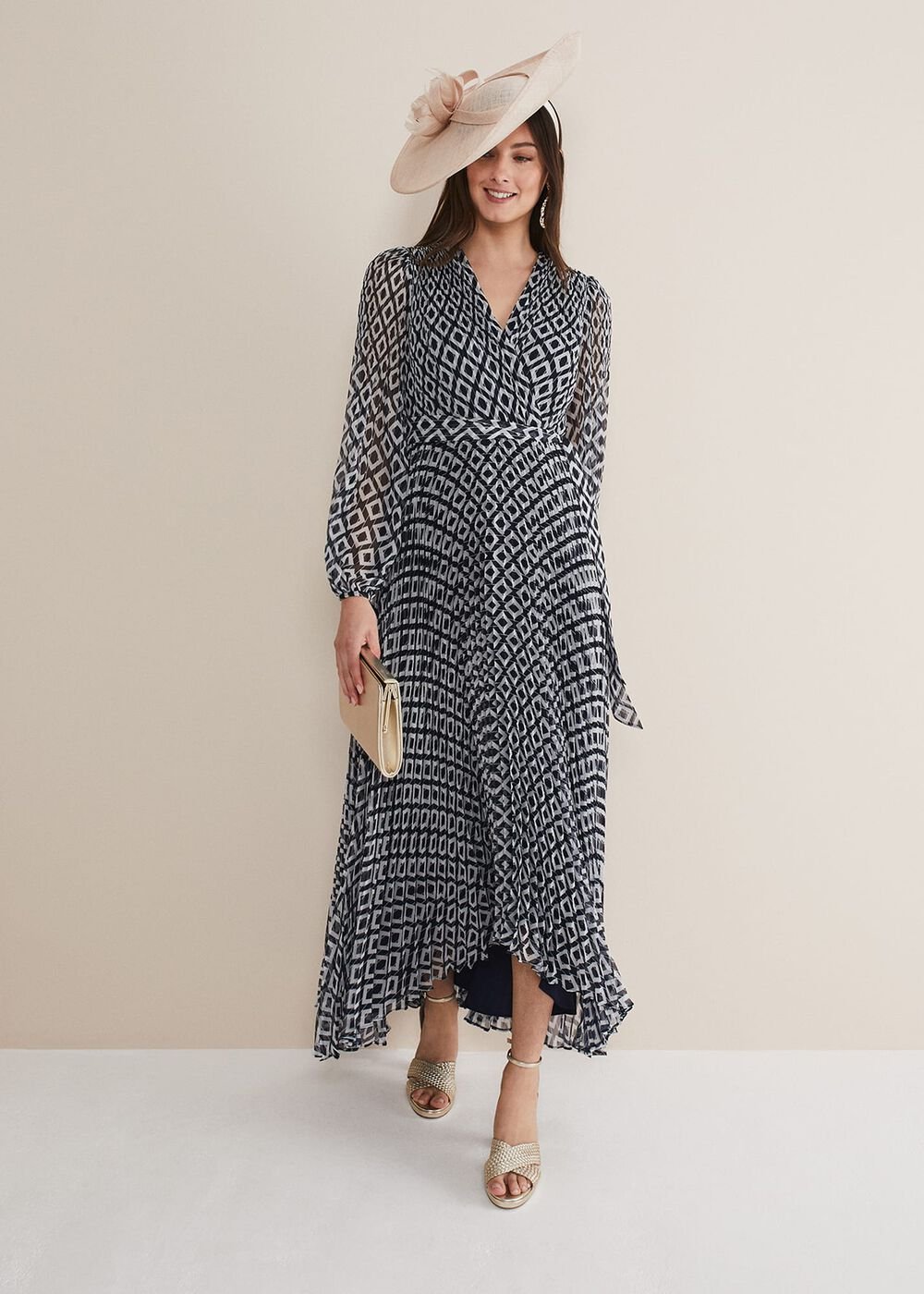 Roxanna Pleated Diamond Maxi Dress - Navy/Ivory