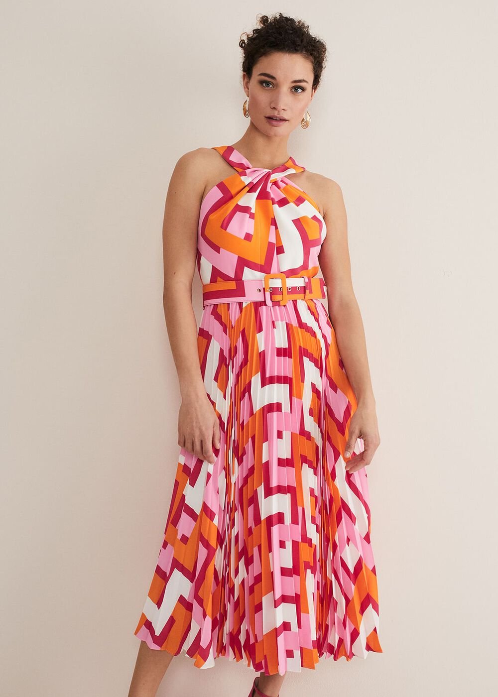 Yas Abstract Halterneck Midi Dress - Pink/Orange