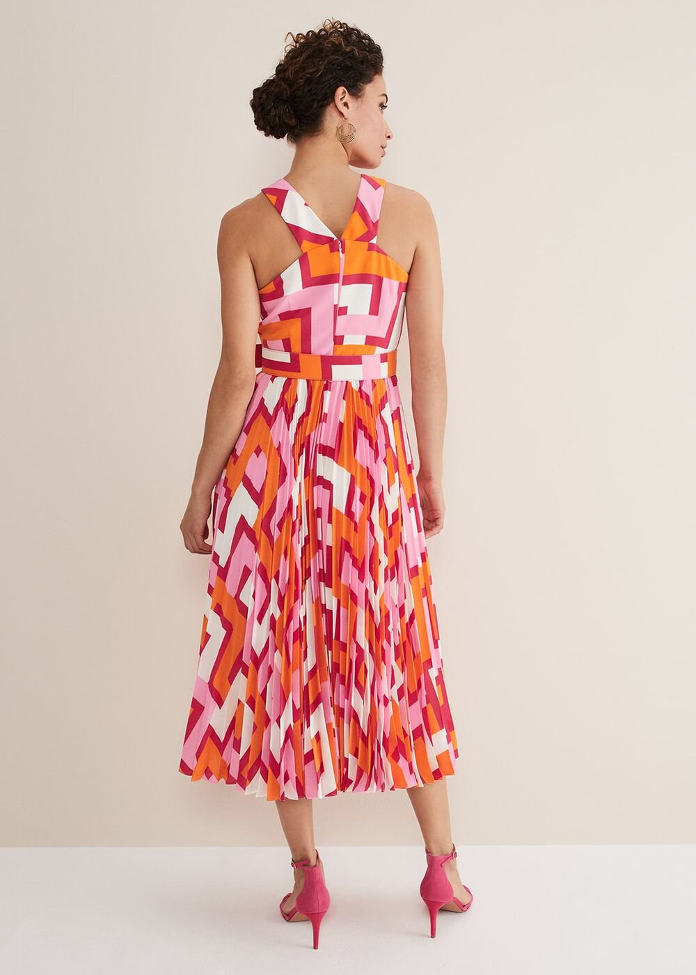 Yas Abstract Halterneck Midi Dress - Pink/Orange