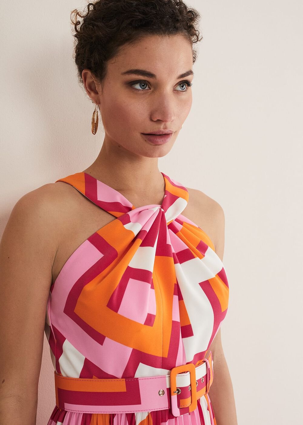 Yas Abstract Halterneck Midi Dress - Pink/Orange