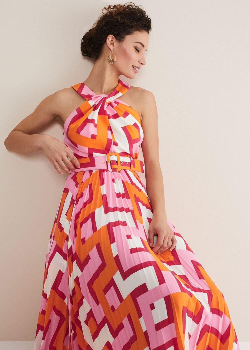 Yas Abstract Halterneck Midi Dress - Pink/Orange