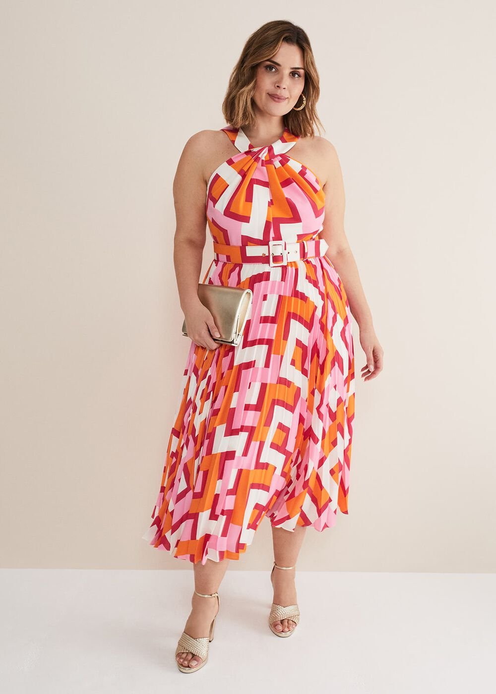 Yas Abstract Halterneck Midi Dress - Pink/Orange