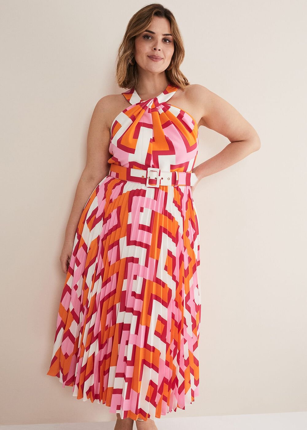 Yas Abstract Halterneck Midi Dress - Pink/Orange