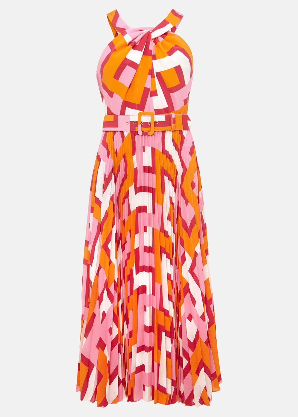 Yas Abstract Halterneck Midi Dress - Pink/Orange
