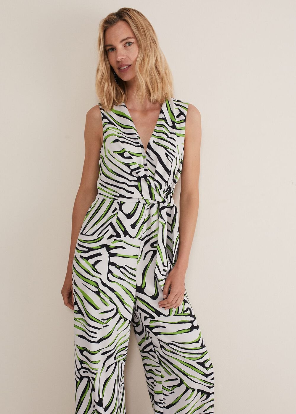 Tamsin Zebra Print Wide Leg Jumpsuit - Green/Neutral