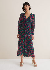 Multicoloured Floral Midi Dress with a Ruched V-Neck - Multi-Coloured