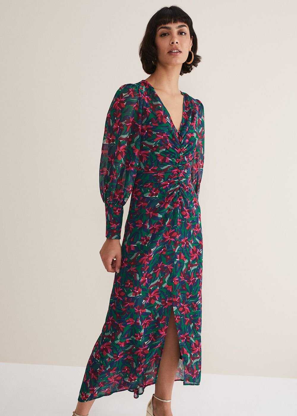 Multicoloured Floral Midi Dress with a Ruched V-Neck - Multi-Coloured