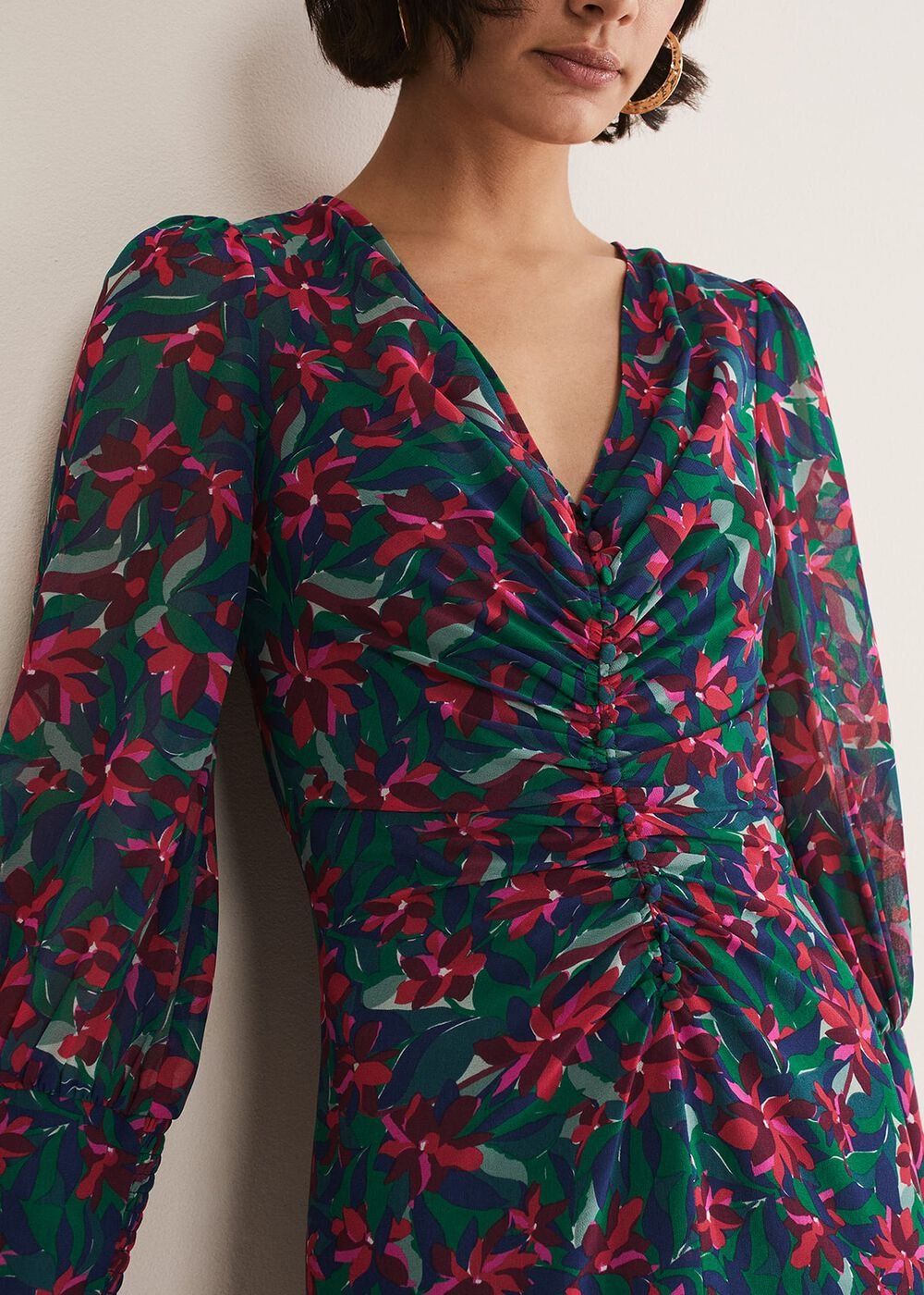 Multicoloured Floral Midi Dress with a Ruched V-Neck - Multi-Coloured
