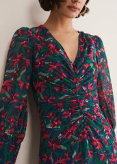 Multicoloured Floral Midi Dress with a Ruched V-Neck - Multi-Coloured