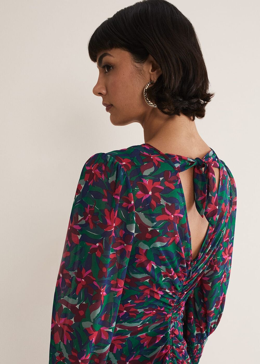 Multicoloured Floral Midi Dress with a Ruched V-Neck - Multi-Coloured