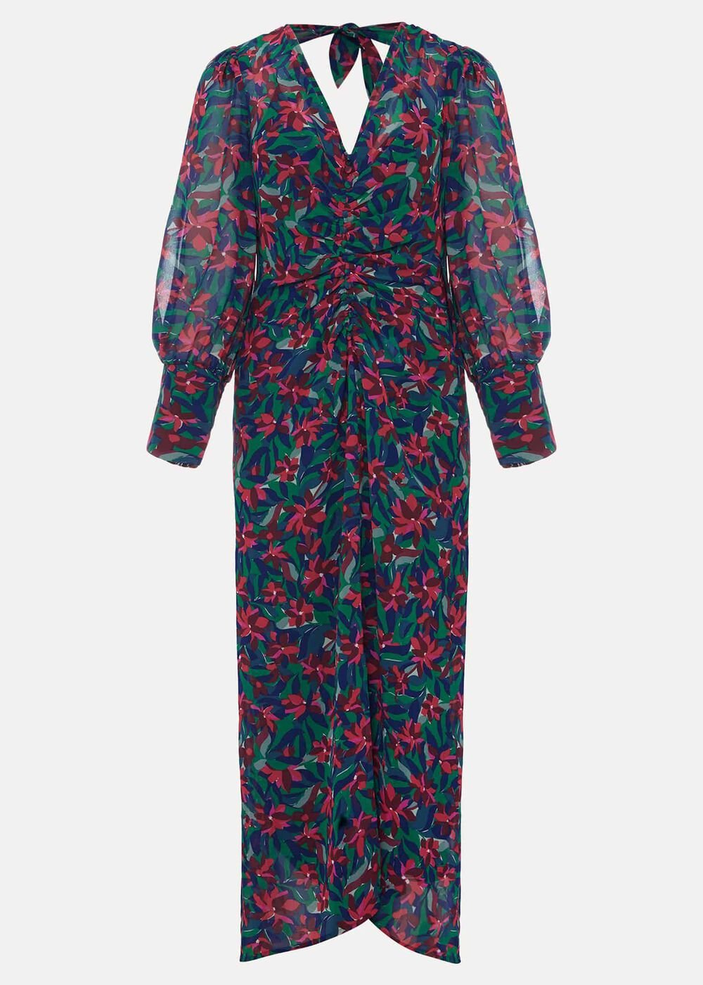 Multicoloured Floral Midi Dress with a Ruched V-Neck - Multi-Coloured
