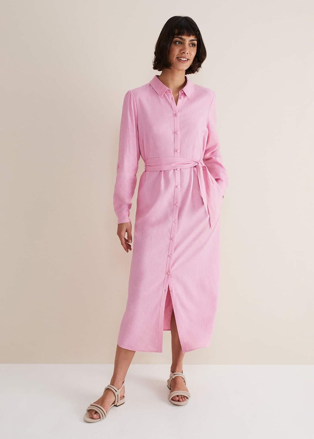 Rosalina Pink Linen Shirt Dress - Pink