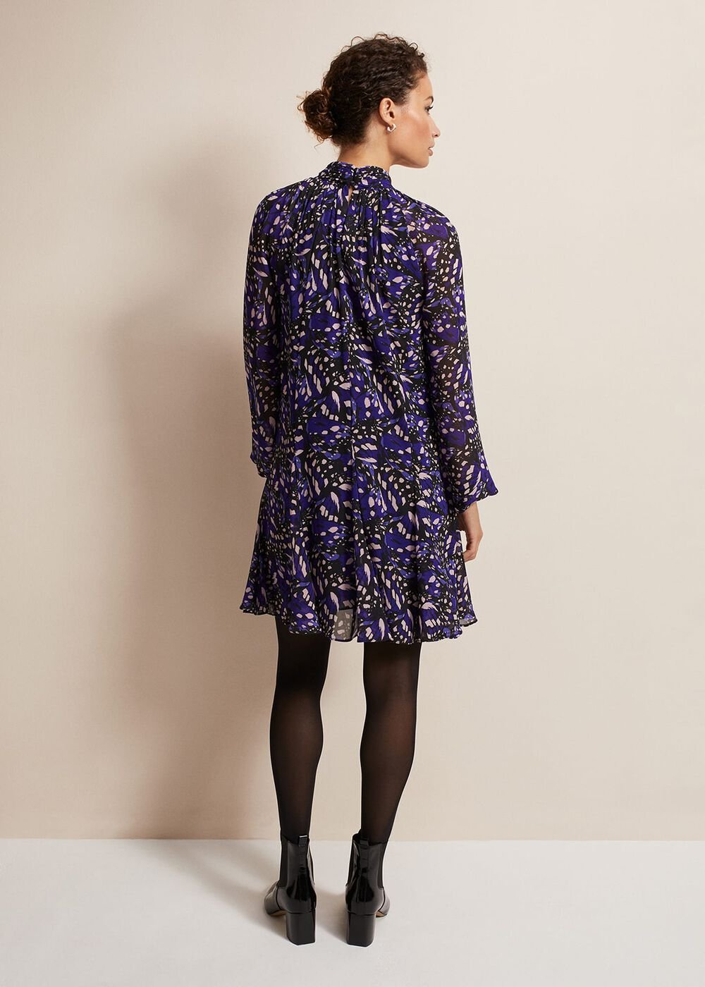 Blue Multicoloured Swing Mini Dress with Long Sleeves - Multi-Coloured