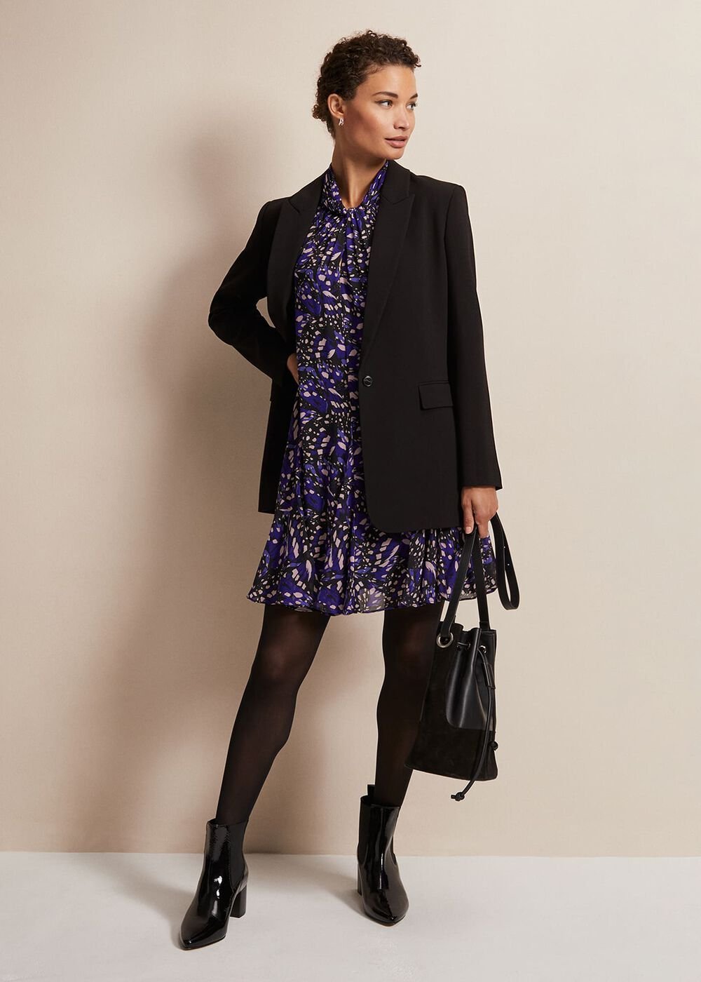 Blue Multicoloured Swing Mini Dress with Long Sleeves - Multi-Coloured