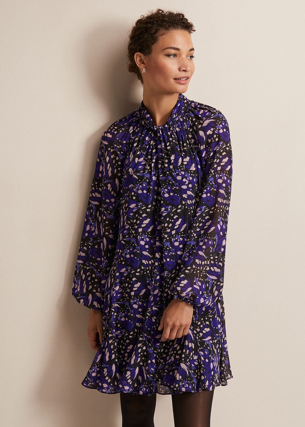 Blue Multicoloured Swing Mini Dress with Long Sleeves - Multi-Coloured