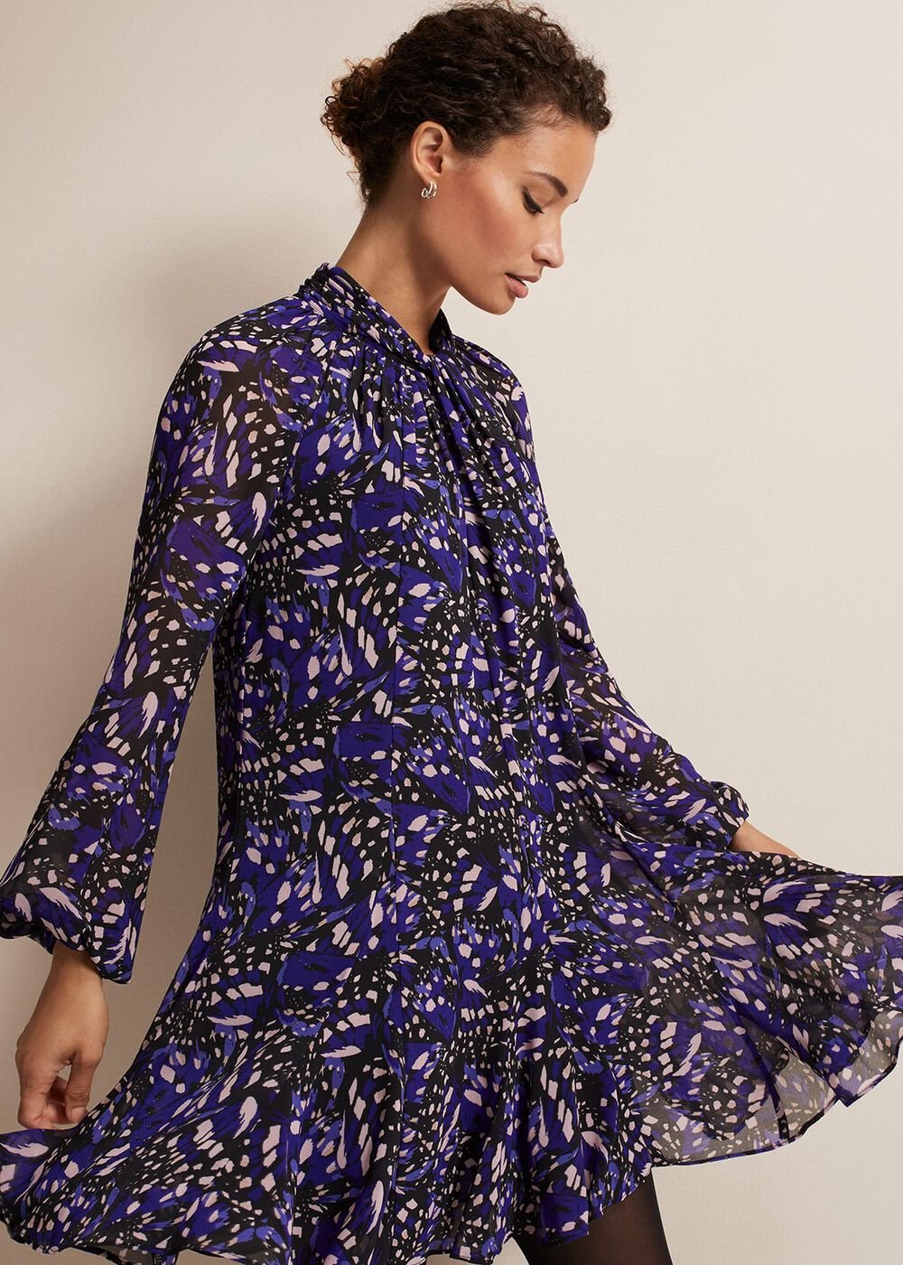 Blue Multicoloured Swing Mini Dress with Long Sleeves - Multi-Coloured