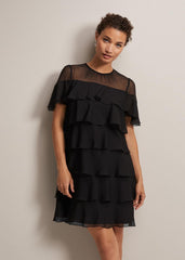 Black Tiered Shift Dress with Short Fluttery Sleeves - Black